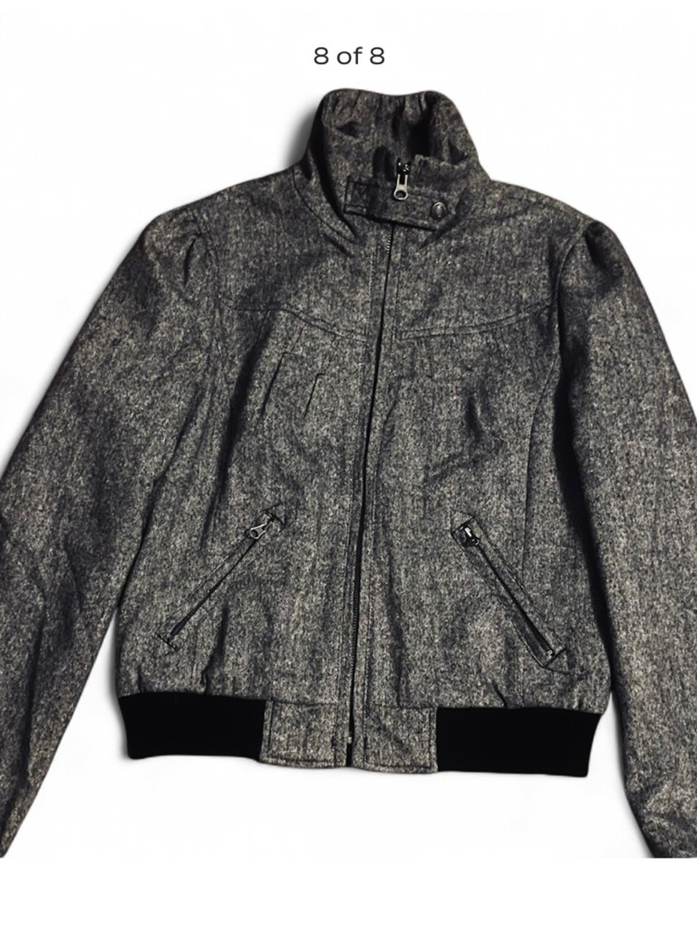 Vintage Grey & Black Structured Wool-Blend Moto Jacket with Ribbed Hem